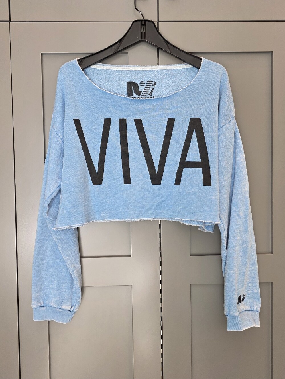 Rebel Yell Retro Crop VIVA Sweatshirt Sz Small Blue Y2K Grunge Distressed USA